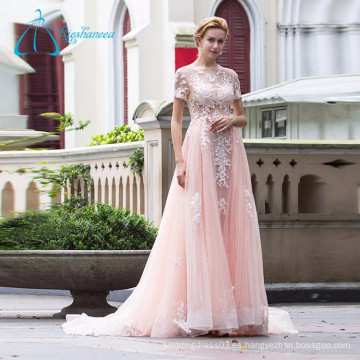 Una línea de tul de manga corta vestido de novia vestido de novia, vestido de boda de color rosa